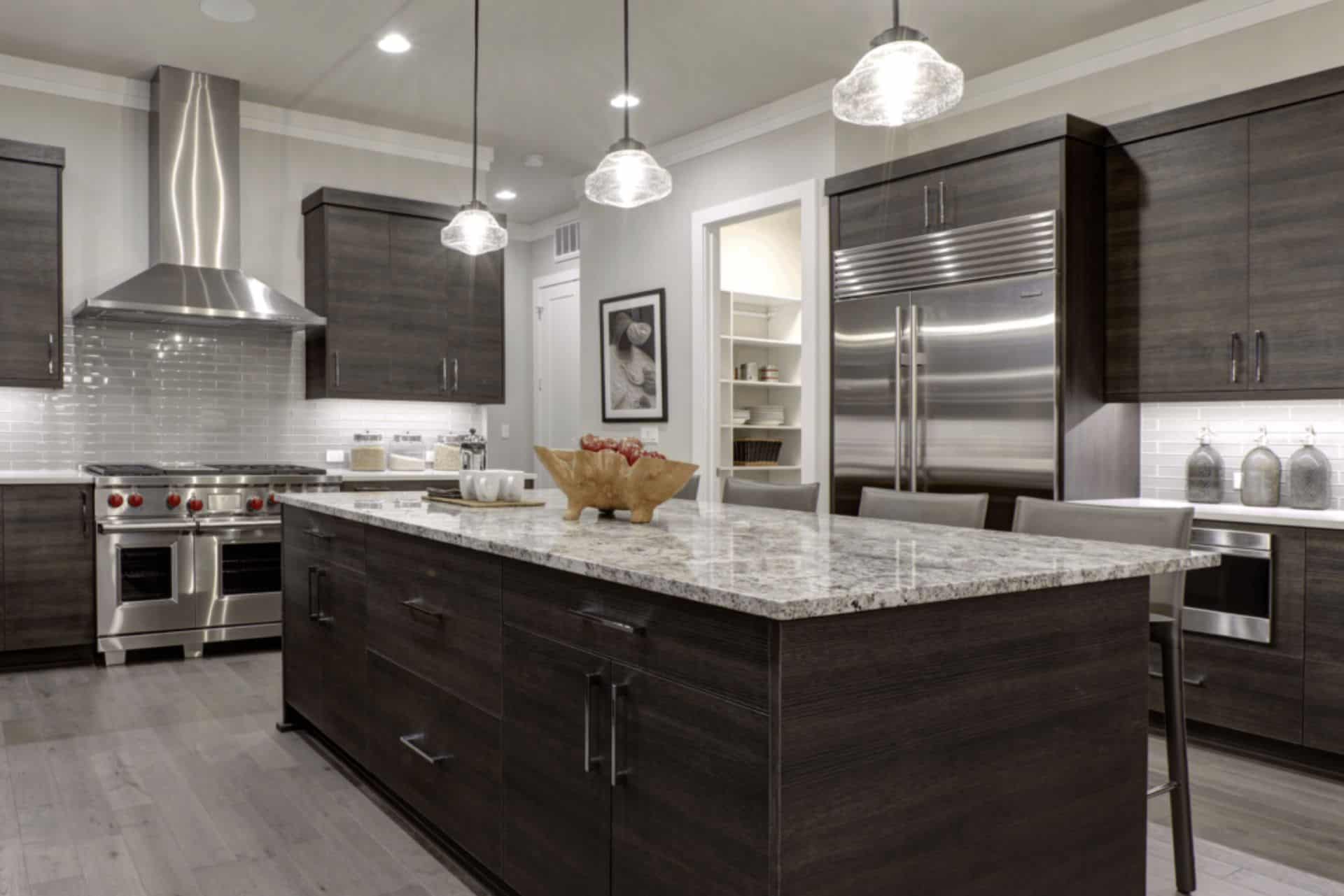 newly renovated kitchen with dark cabinetry, marble countertops, and modern steel appliances